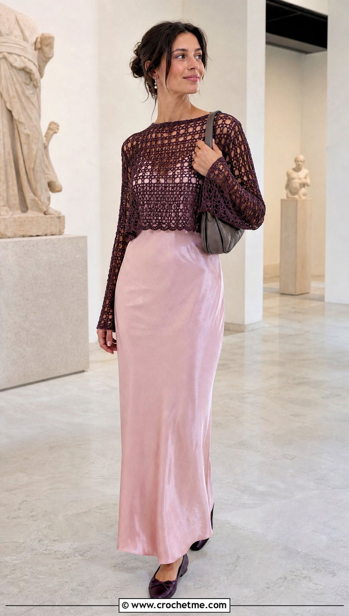 Mesh Long Sleeve Crochet Top Over a Slip Dress - 25 aesthetic long sleeve crochet tops outfit ideas