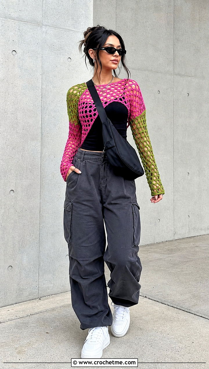 Mesh Long Sleeve Crochet Top With Cargo Pants - 30 pink and green crochet top outfit ideas