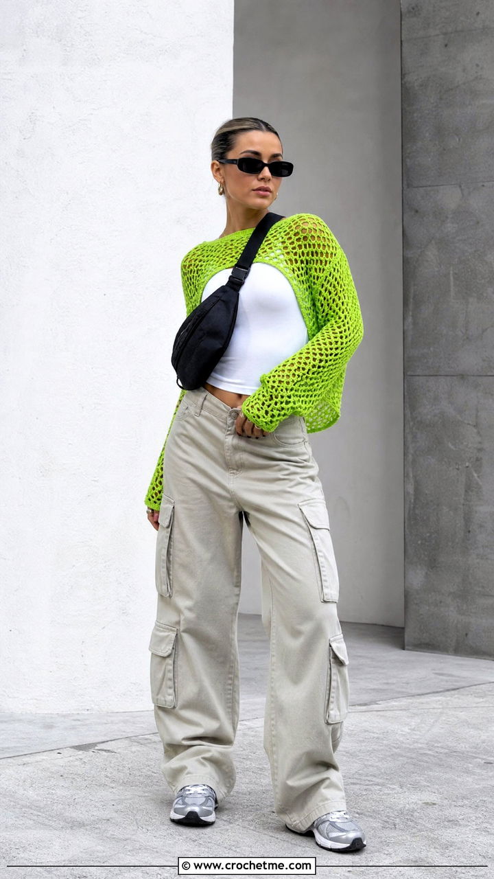 Mesh Long Sleeve Crochet Top With Cargo Pants - 35 simple crochet tops outfit ideas