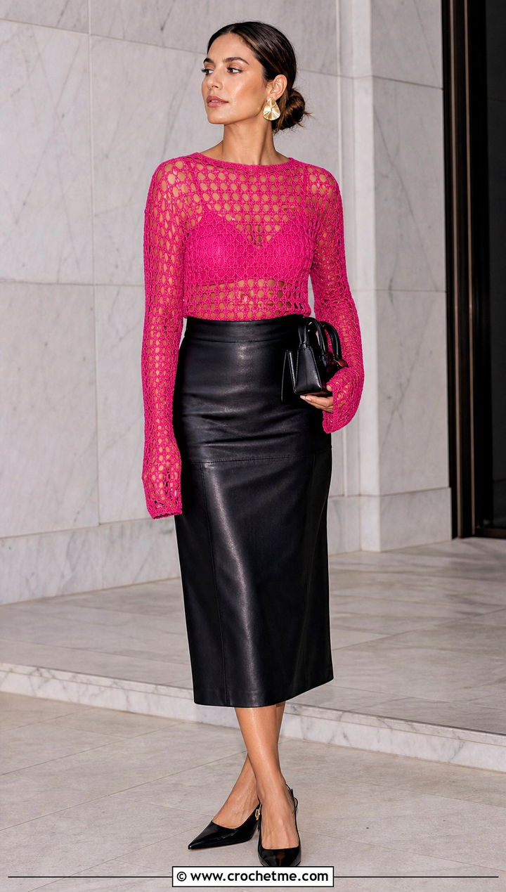 Mesh Long Sleeve Crochet Top With Leather Midi Skirt - 15 cool crochet top outfit ideas