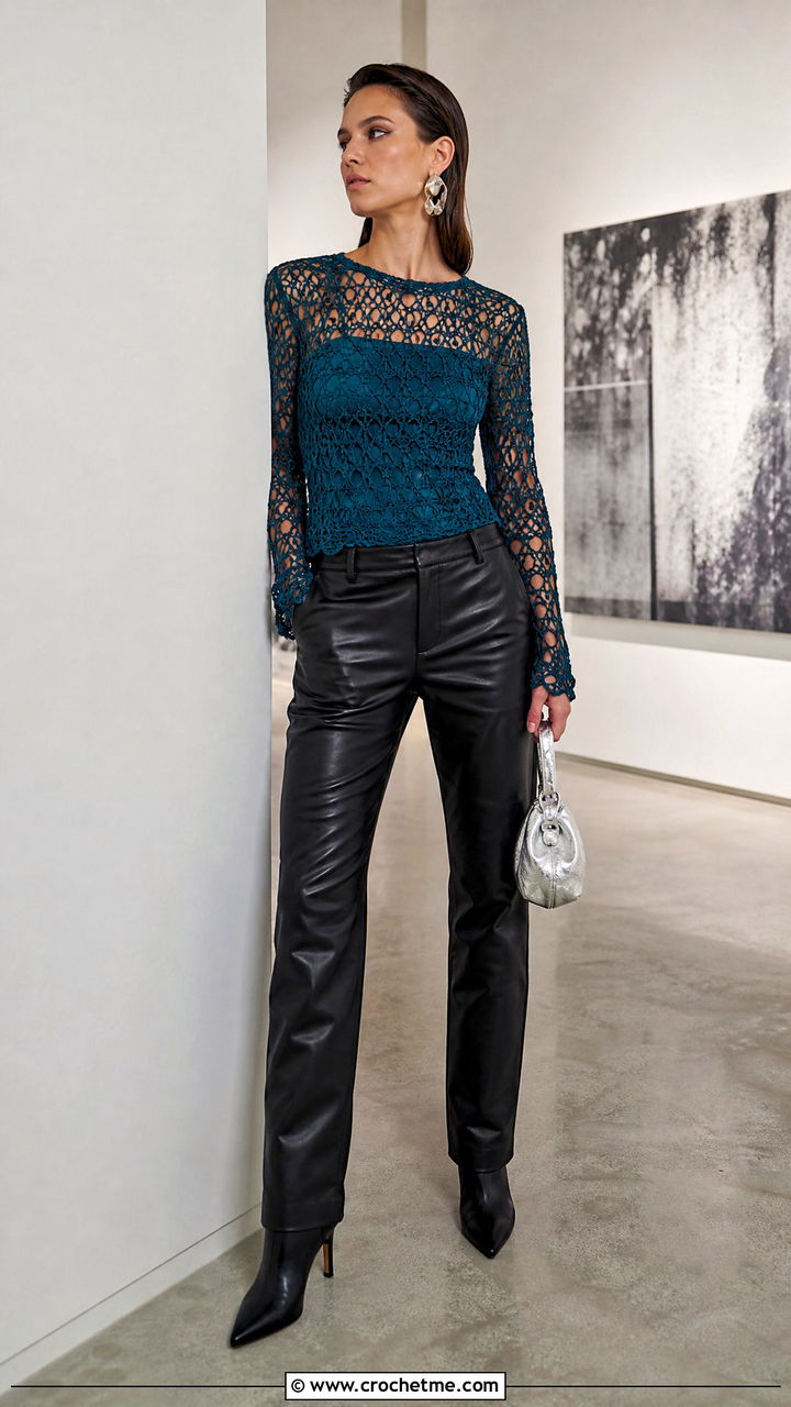 Mesh Long Sleeve Crochet Top With Leather Pants - 35 crochet fall top outfit ideas