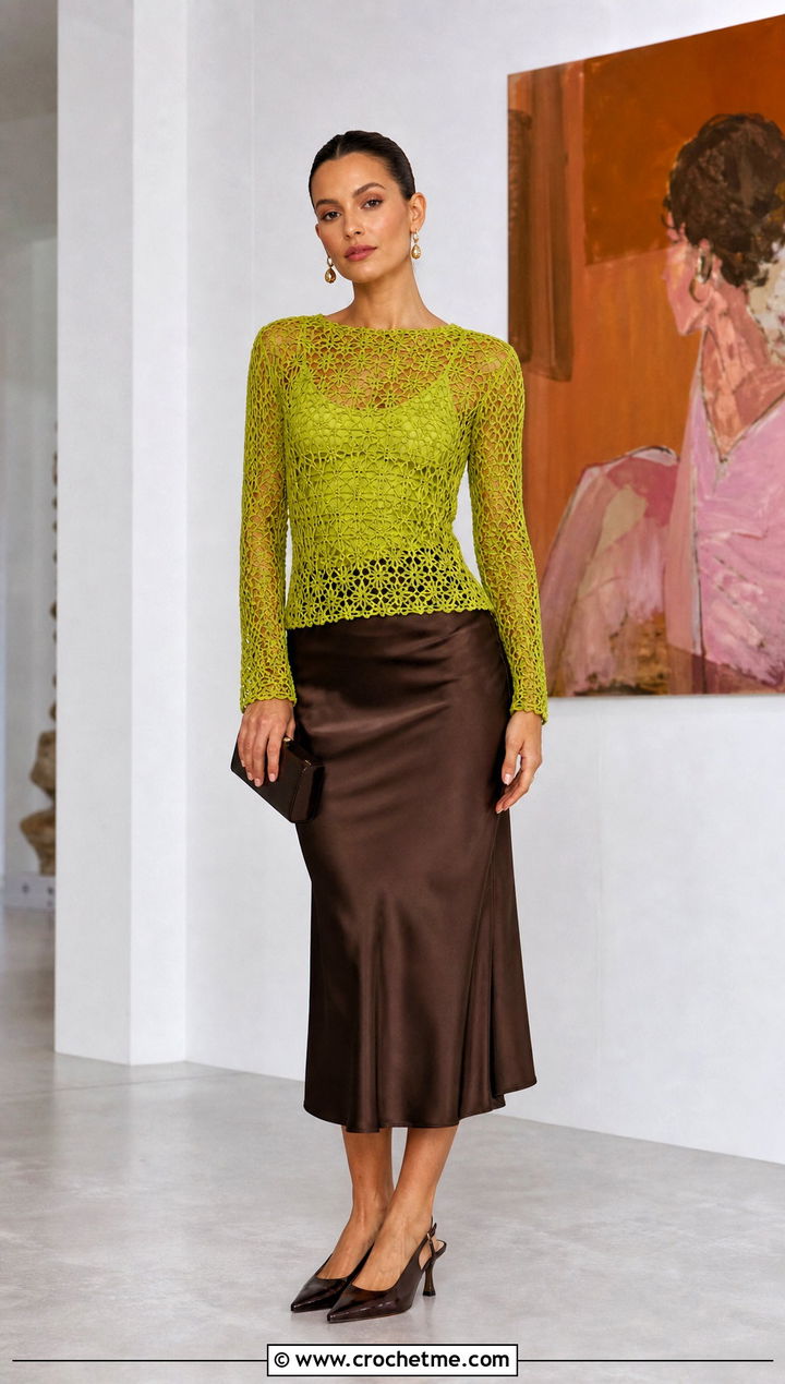 Mesh Long Sleeve Crochet Top With Satin Midi Skirt - 25 freestyle crochet top outfit ideas