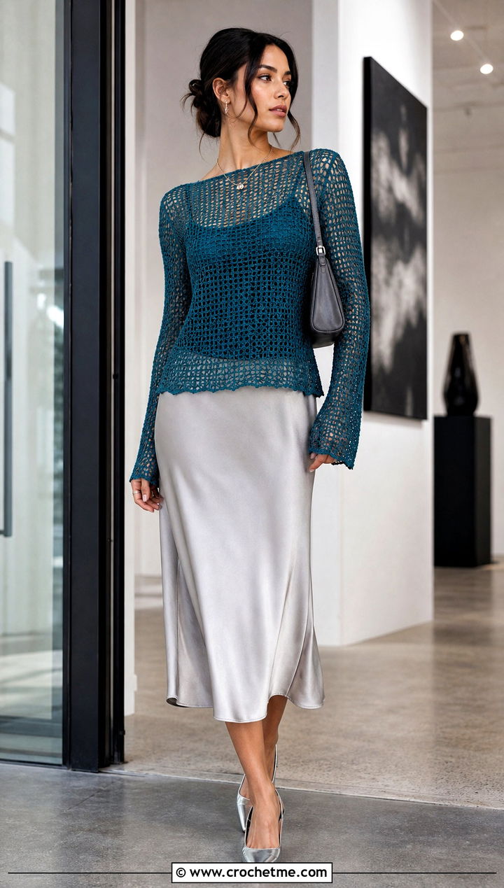 Mesh Long Sleeve Crochet Top With Satin Skirt - 20 Etsy Crochet Top outfit ideas