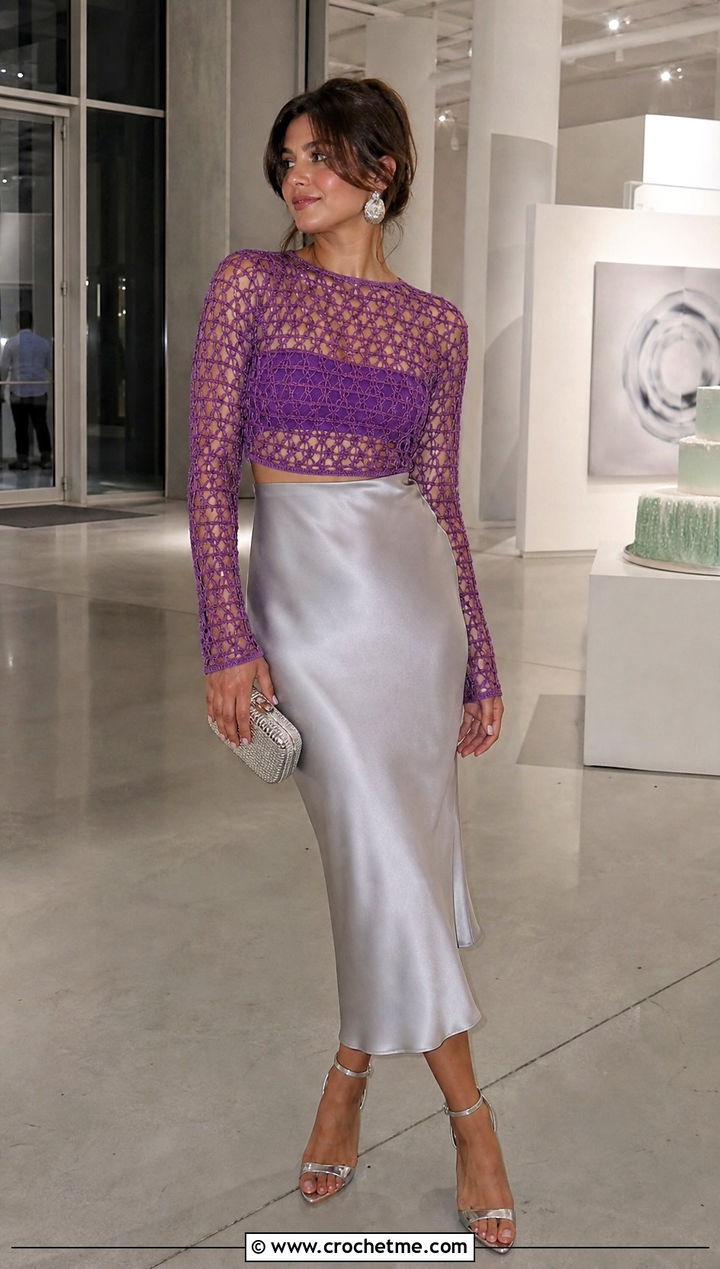 Mesh Long Sleeve Crochet Top With Slip Skirt - 25 Crochet Top Small Chest outfit ideas