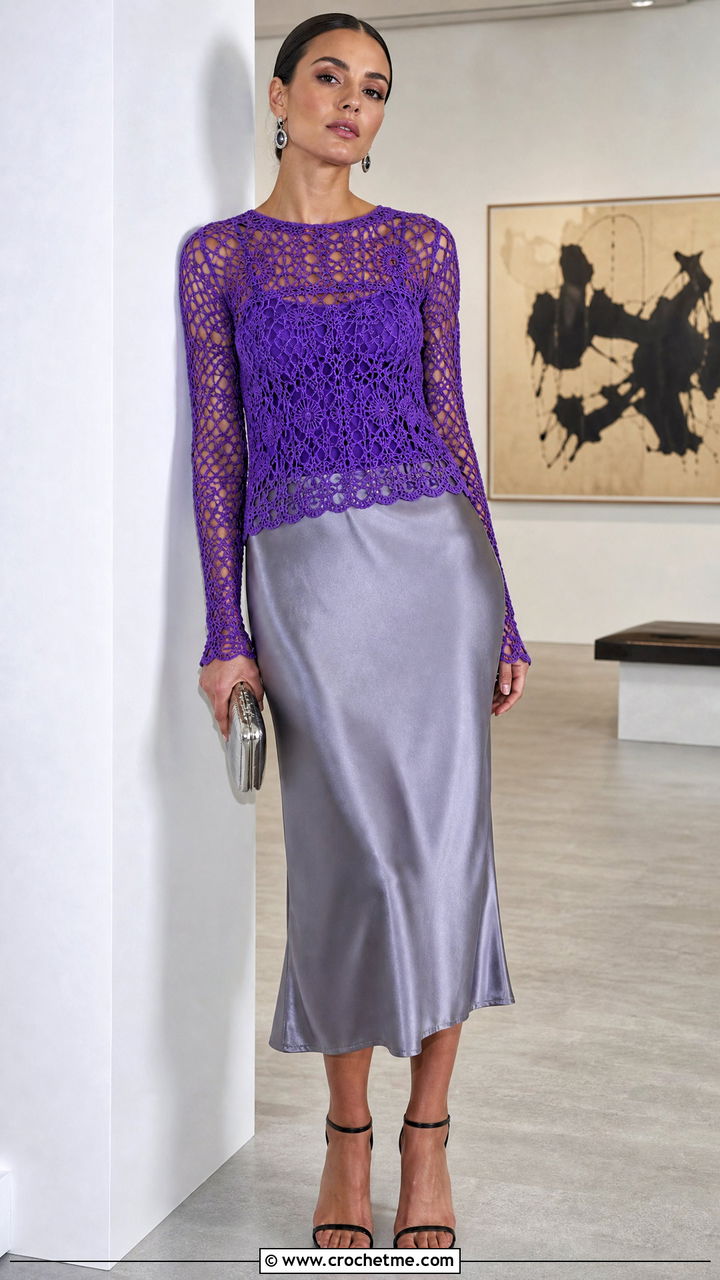 Mesh Long Sleeve Crochet Top With Slip Skirt - 35 crochet tops for summer outfit ideas