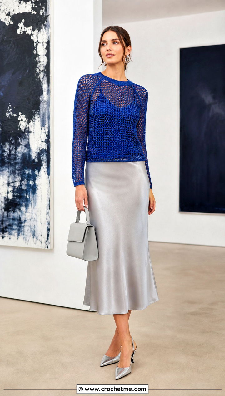 Mesh Long Sleeve Raglan Crochet Top With Satin Midi Skirt - 35 raglan crochet top outfit ideas