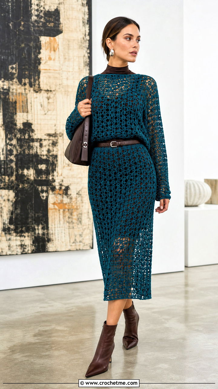 Mesh Long Sleeve Top And Midi Skirt Set With Bodysuit - 35 crochet skirt and top set outfit ideas