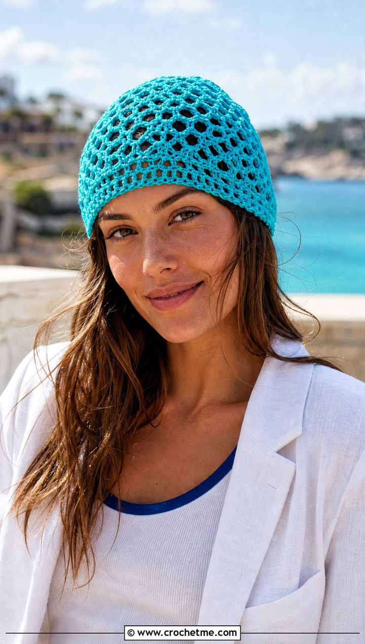 Mesh Magic Circle Crochet Beanie With Linen Suit - 25 Crochet Beanie Magic Circle outfit ideas