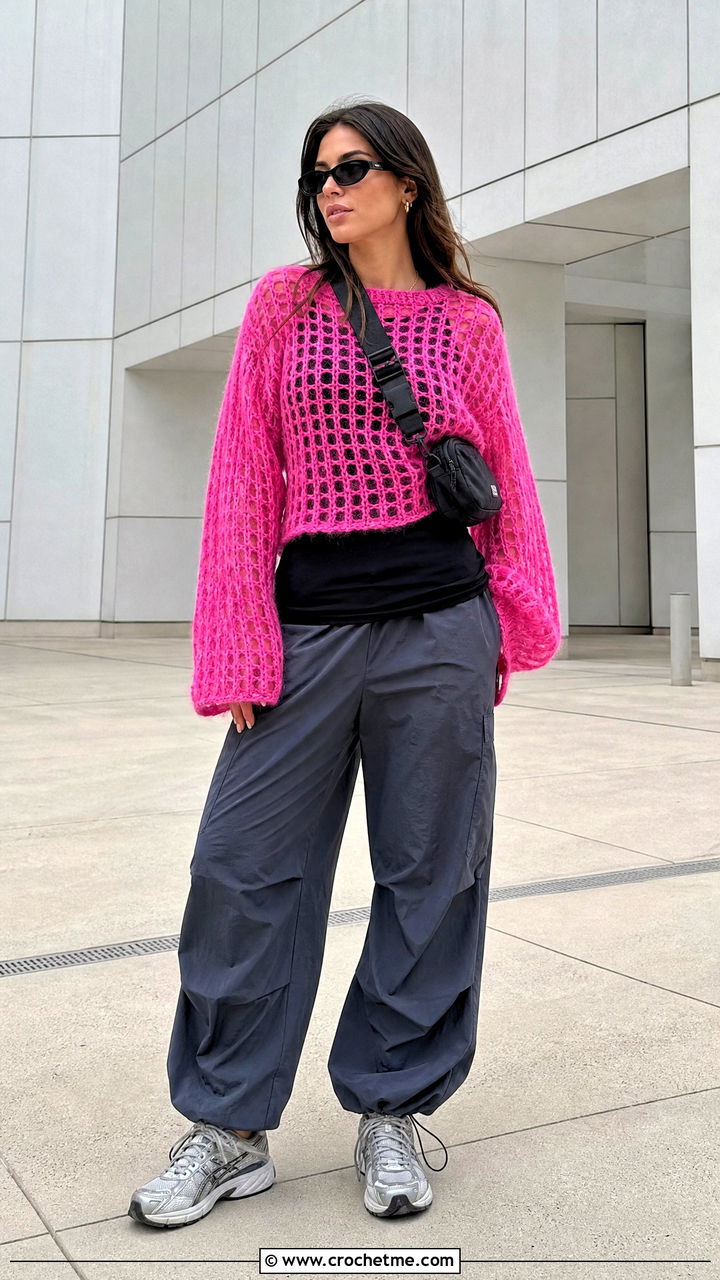 Mesh Mohair Crochet Sweater With Parachute Pants - 35 mohair crochet sweater outfit ideas