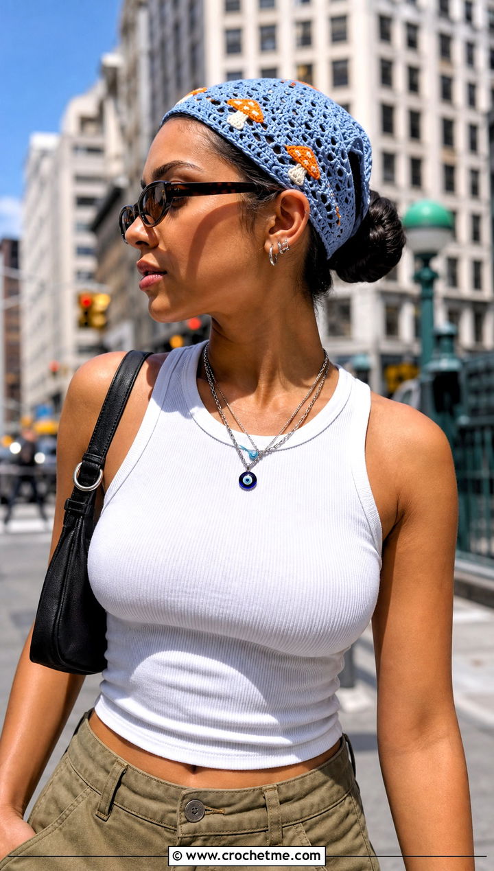 Mesh Mushroom Bandana Headband With Cargo Pants - 25 mushroom crochet headband outfit ideas