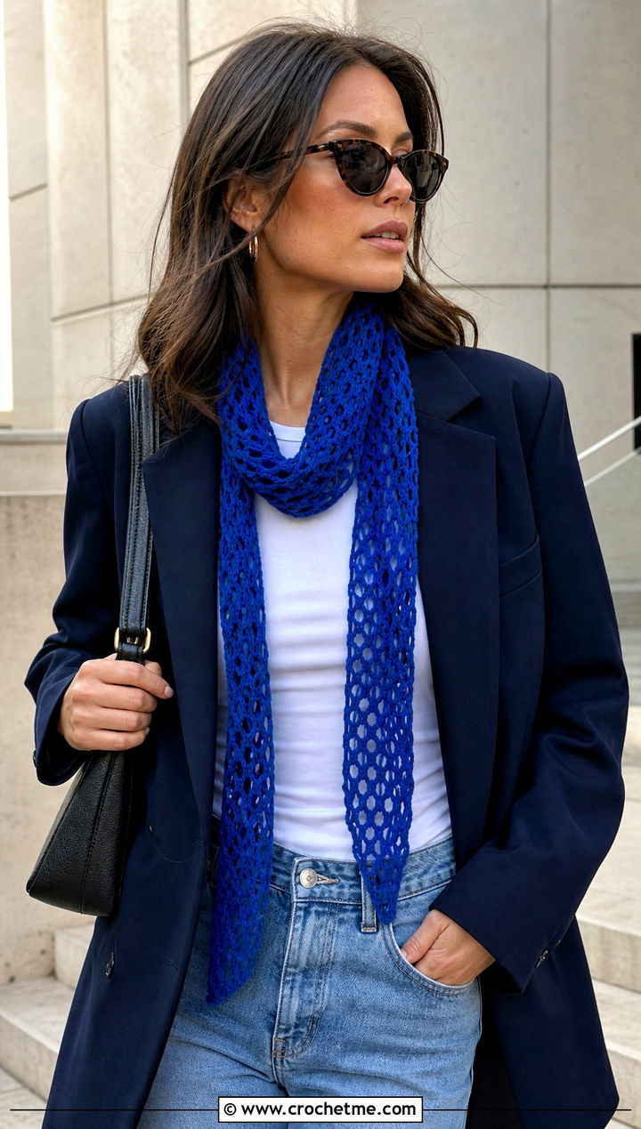 Mesh Narrow Crochet Scarf With Blazer And Jeans - 25 Narrow Crochet Scarf outfit ideas