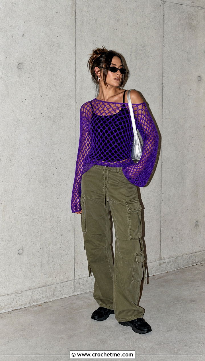 Mesh Off Shoulder Crochet Sweater With Cargo Pants - 35 off shoulder crochet sweater outfit ideas