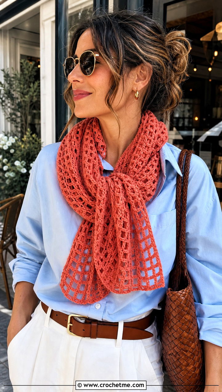 Mesh One Ball Crochet Scarf With Button Down Shirt - 15 one ball crochet scarf outfit ideas