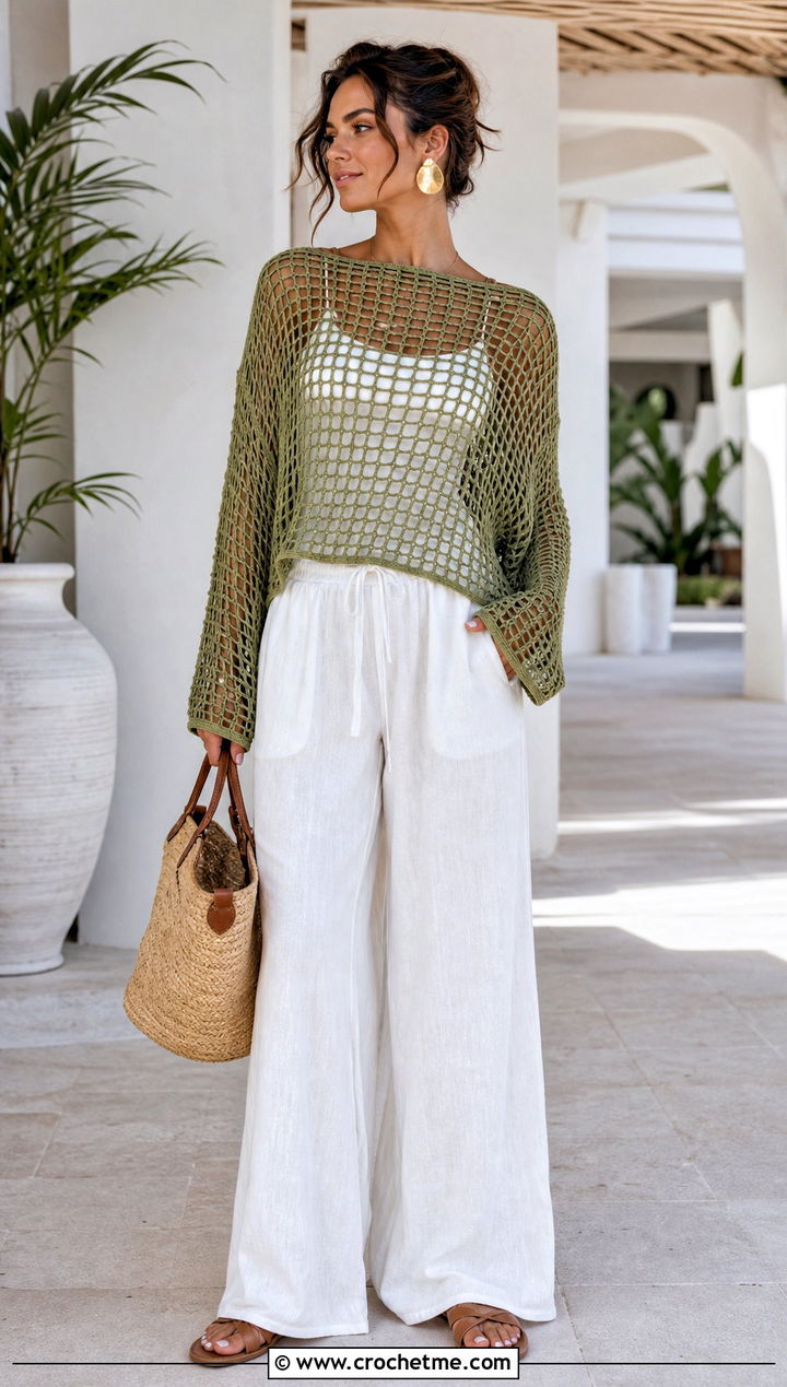 Mesh Oversize Crochet Sweater With Wide Leg Linen Pants - 15 Oversize Crochet Sweater outfit ideas