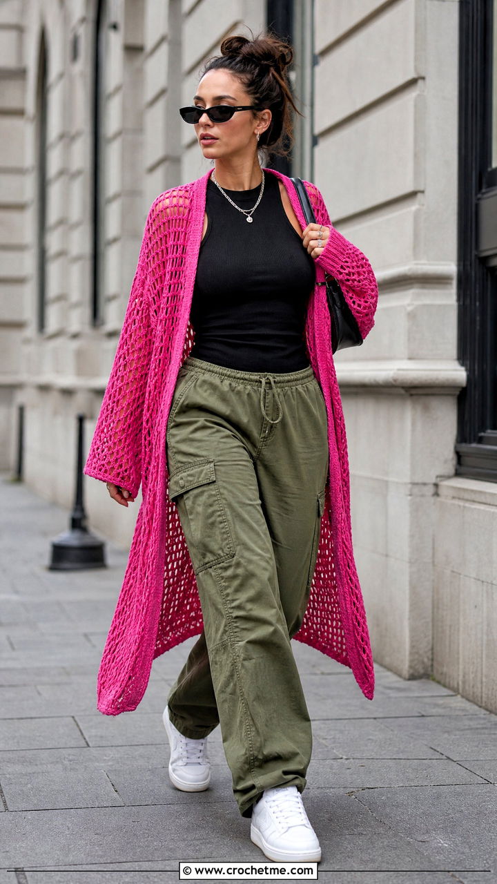 Mesh Oversized Crochet Cardigan With Cargo Pants - 35 oversized crochet cardigan outfit ideas