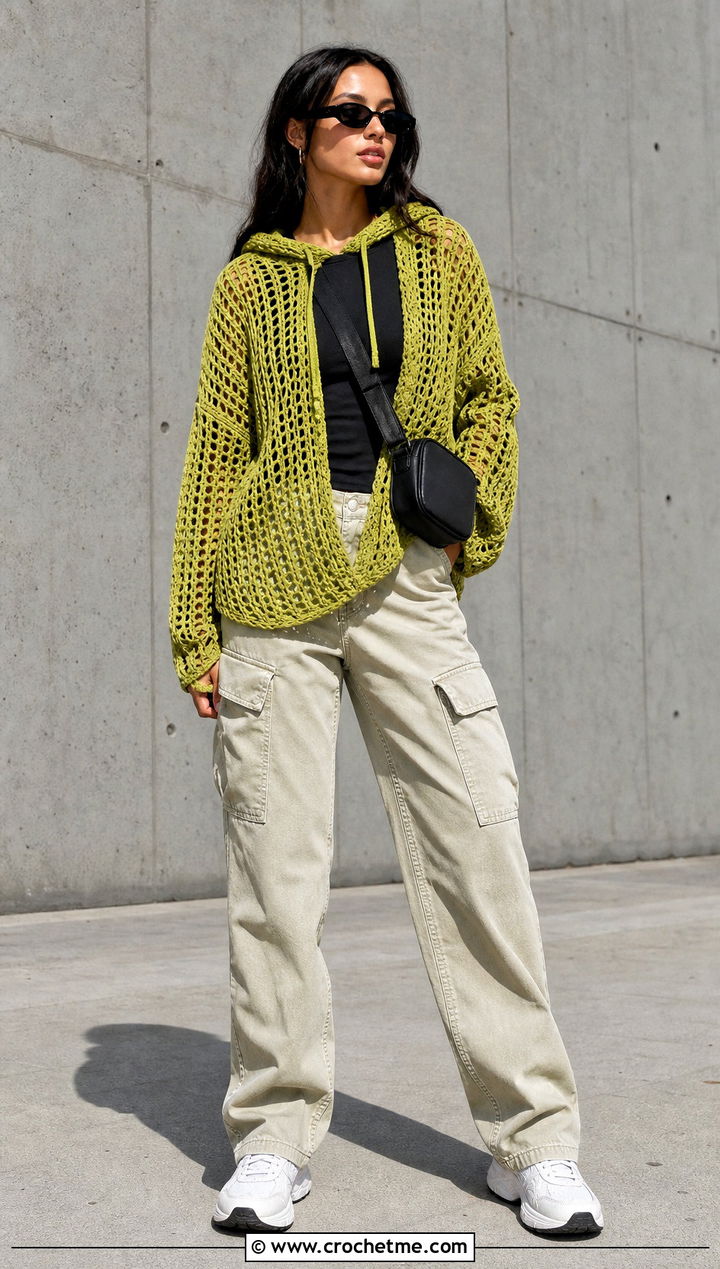 Mesh Oversized Crochet Hoodie With Cargo Pants - 20 oversized crochet hoodie outfit ideas