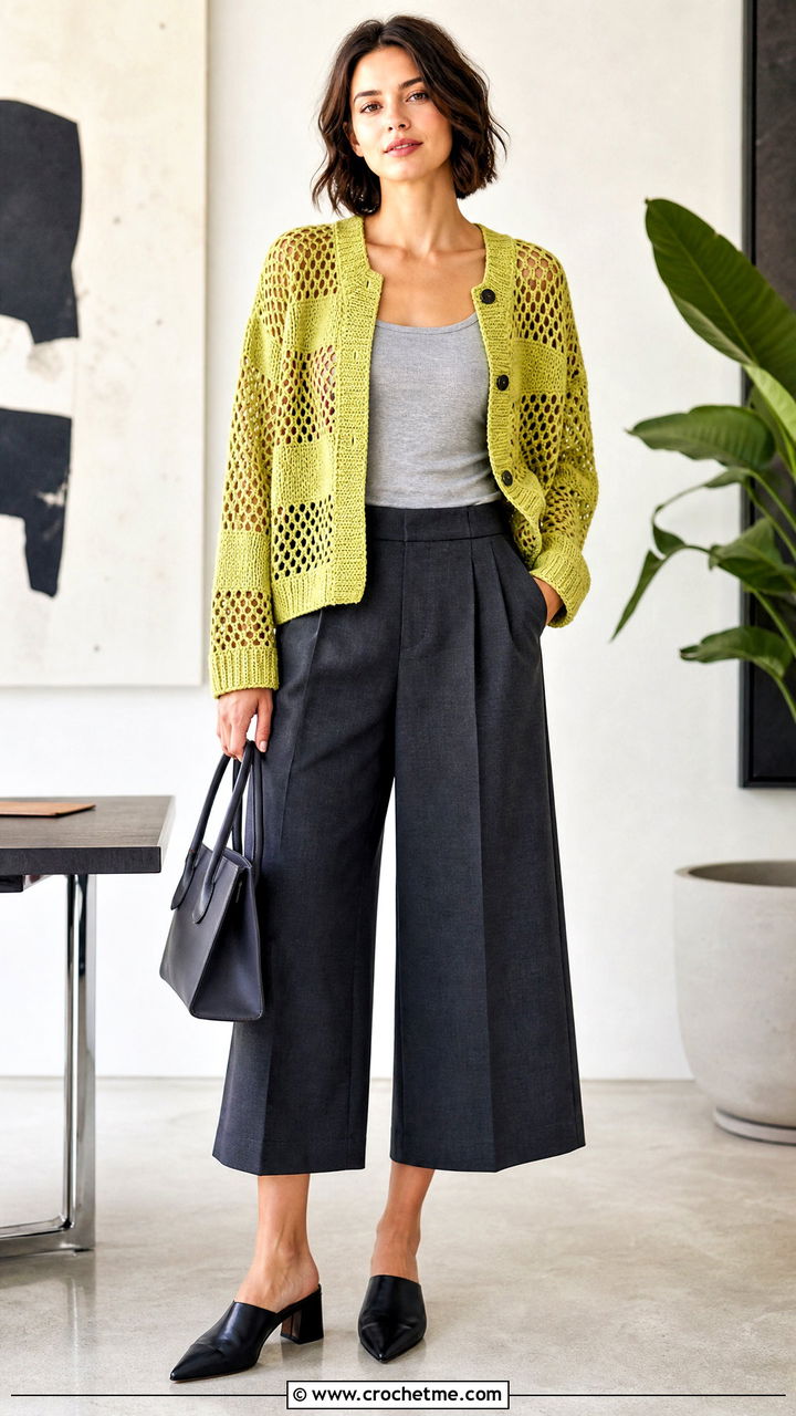 Mesh Panel Cardigan With Tailored Culottes - 35 chunky crochet cardigan outfit ideas