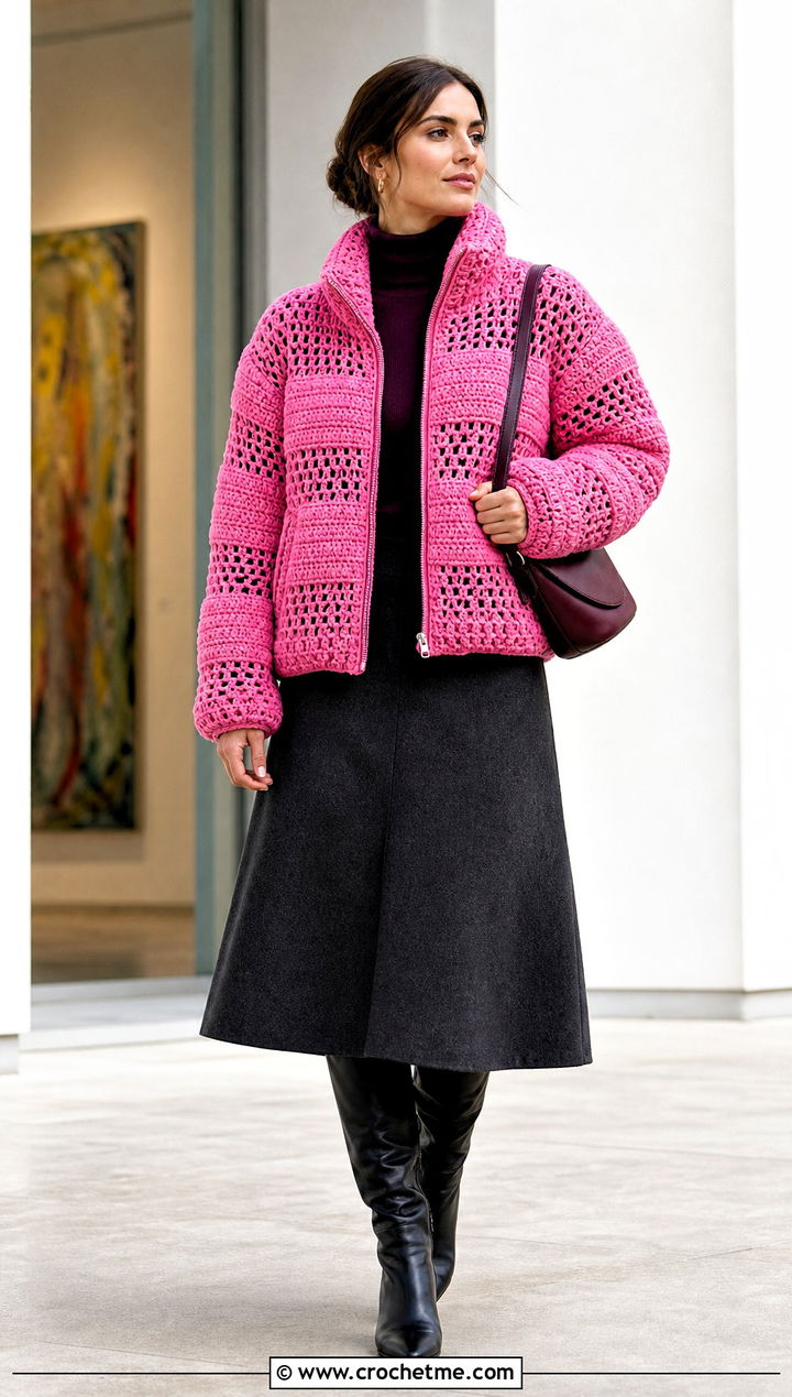 Mesh Panel Crochet Puffer Jacket With Layered Turtleneck - 35 crochet puffer jacket outfit ideas