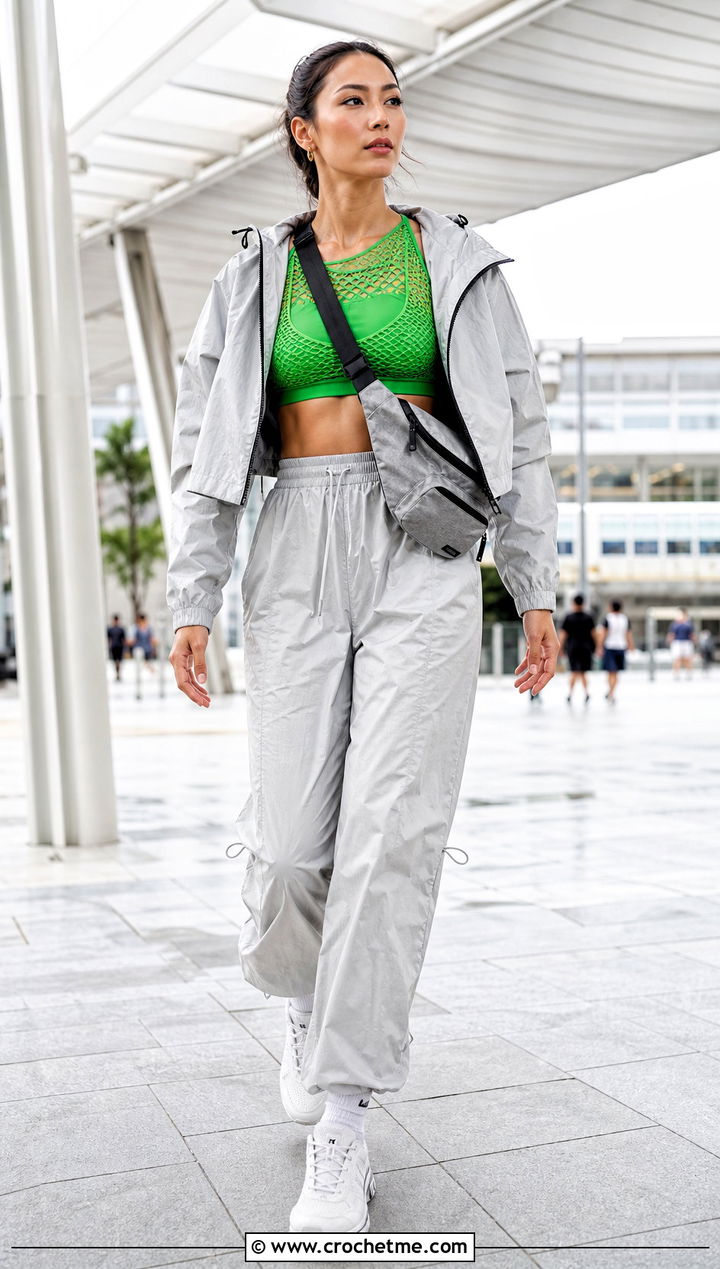 Mesh Panel Crochet Sports Bra With Parachute Pants - 30 crochet sports bra outfit ideas