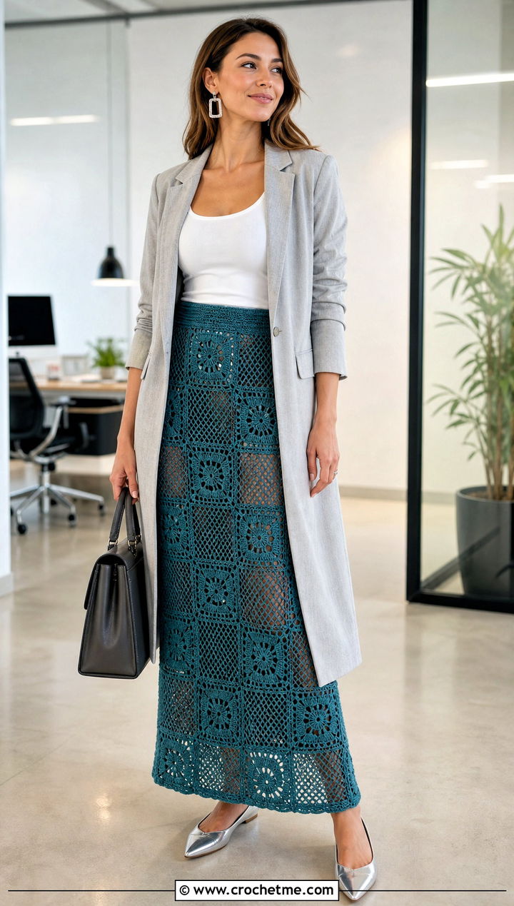 Mesh Panel Granny Square Maxi Skirt With Tank And Blazer - 30 granny square crochet skirt outfit ideas