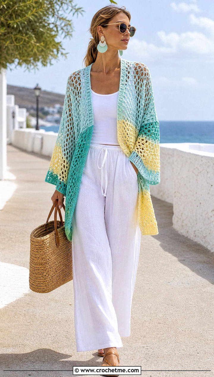 Mesh Patchwork Oversized Crochet Cardigan With Linen Trousers - 15 oversized patchwork crochet cardigan outfit ideas