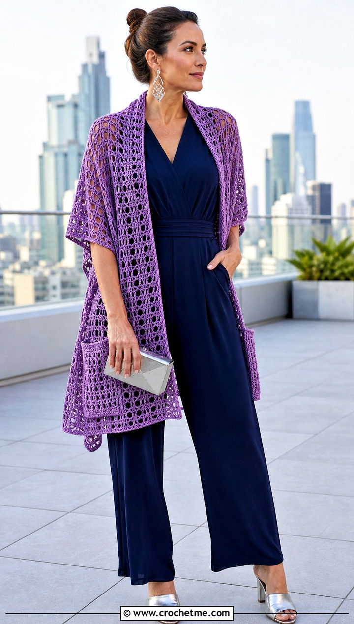 Mesh Pocket Crochet Shawl With Wide Leg Jumpsuit - 15 Pocket Crochet Shawl outfit ideas