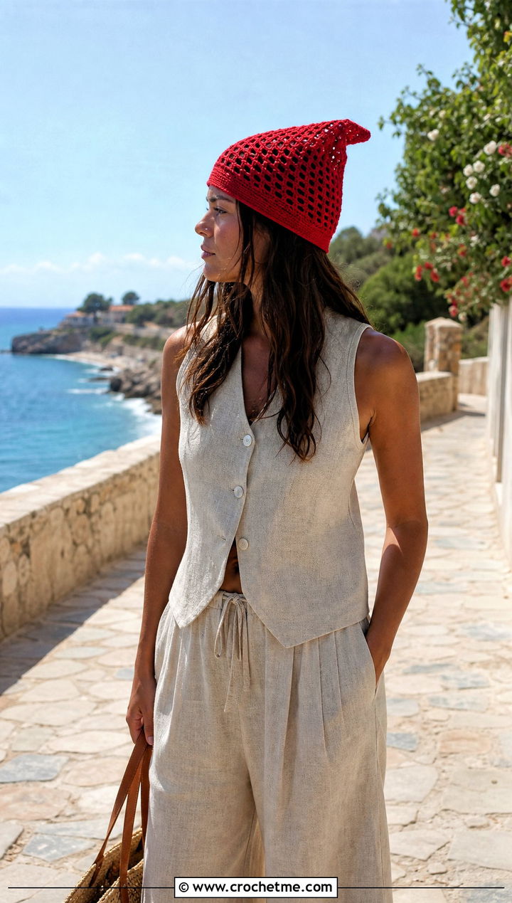 Mesh Pointed Crochet Hat With Linen Set and Sandals - 20 Pointed Crochet Hat outfit ideas