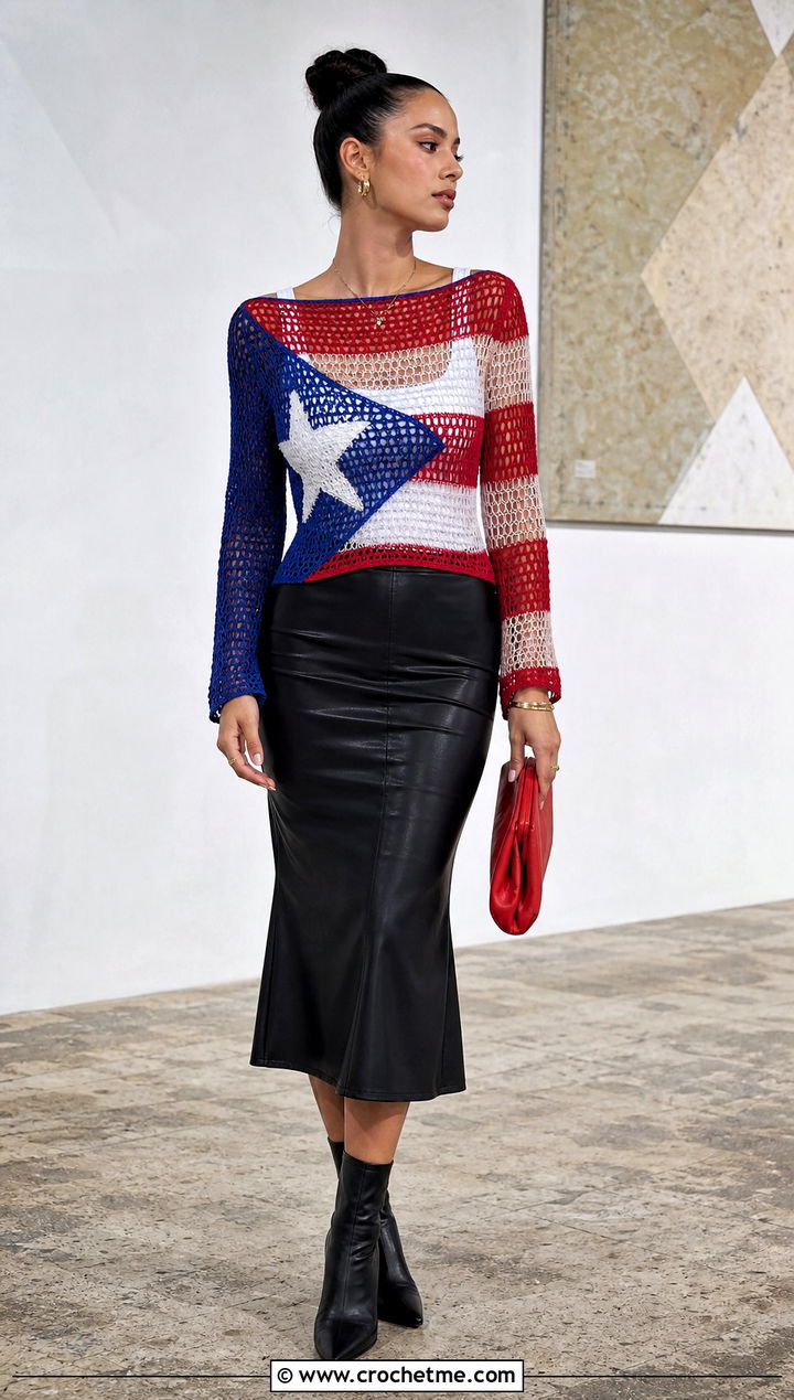Mesh Puerto Rican Flag Crochet Top With Leather Midi Skirt - 20 Puerto Rican Flag Crochet Top outfit ideas