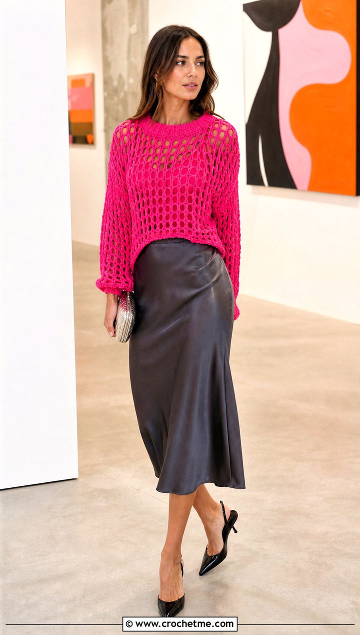 Mesh Pullover Crochet Sweater With Satin Midi Skirt - 30 Pullover Crochet Sweater outfit ideas