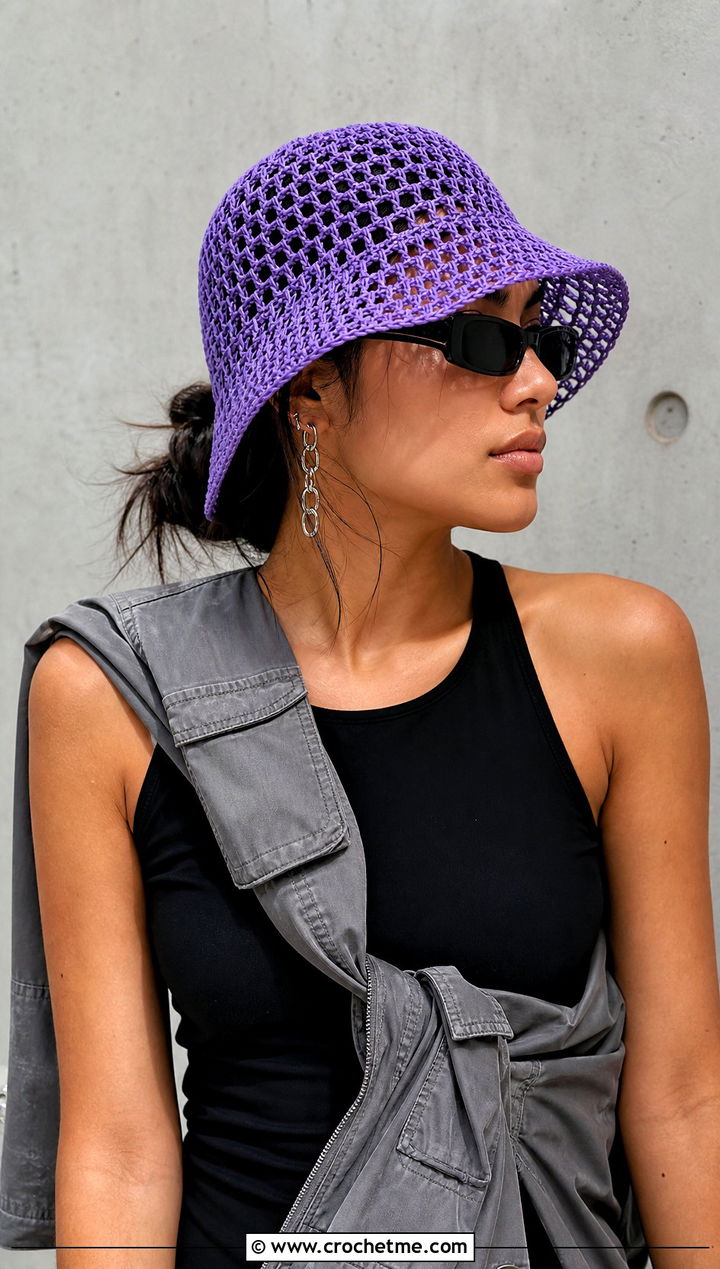 Mesh Purple Crochet Bucket Hat With Tank Top And Cargo Pants - 30 purple crochet bucket hat outfit ideas