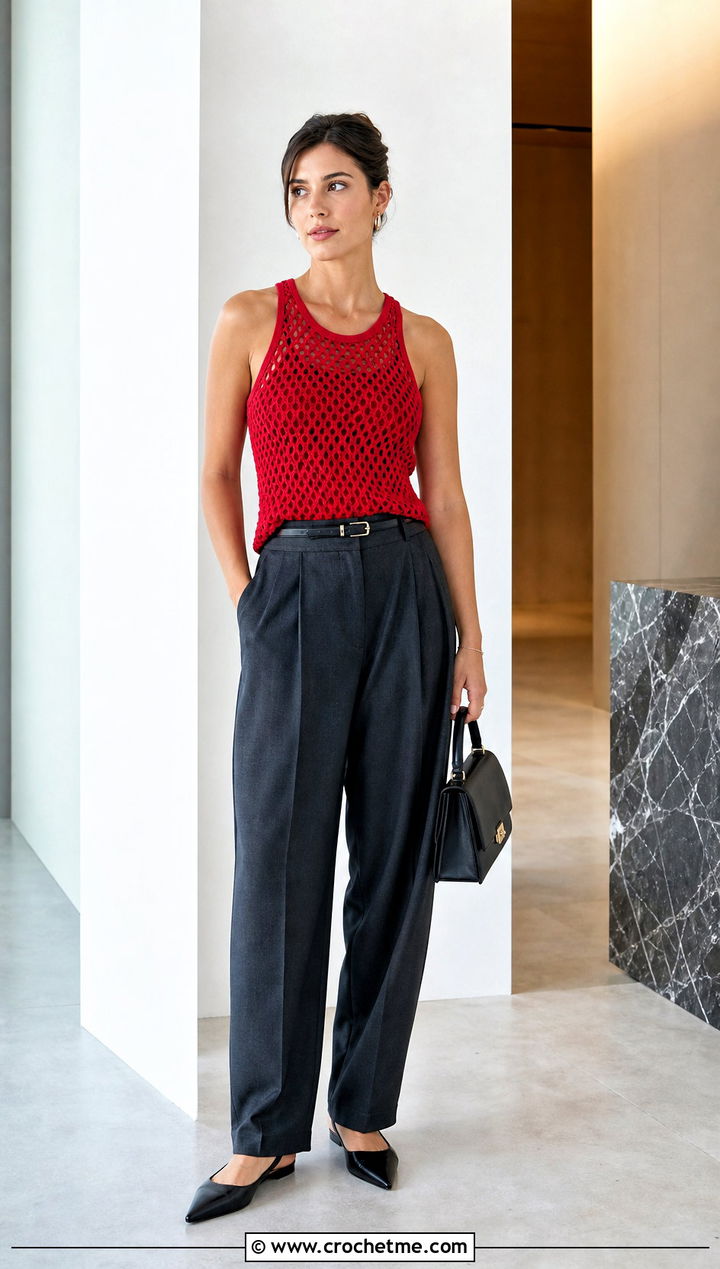 Mesh Racerback Crochet Tank Top With Tailored Trousers - 15 crochet tank tops on hangers outfit ideas