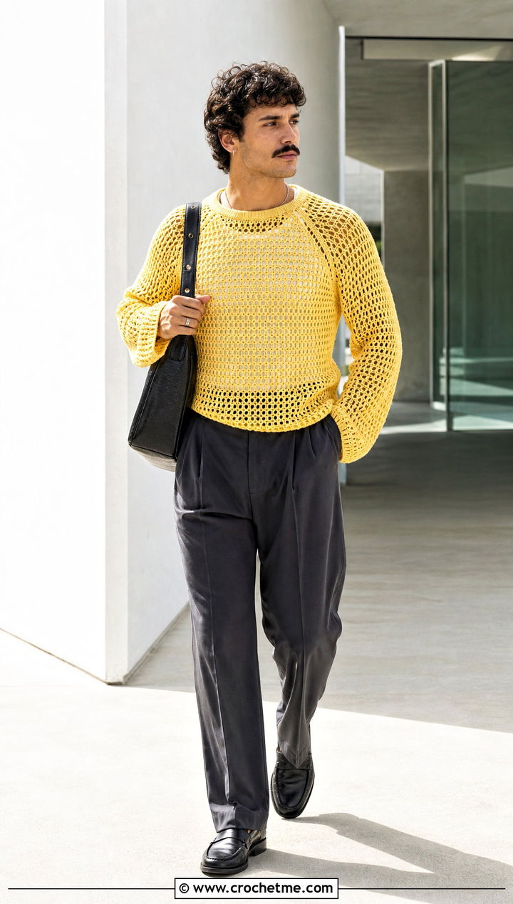 Mesh Raglan Crochet Jumper With Tailored Trousers - 25 mens crochet jumper outfit ideas