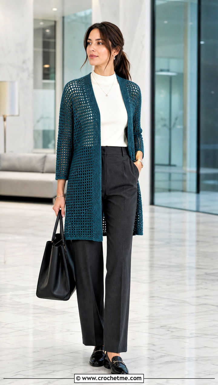 Mesh Rectangle Cardigan With Tailored Trousers - 15 Crochet Rectangle Cardigan outfit ideas