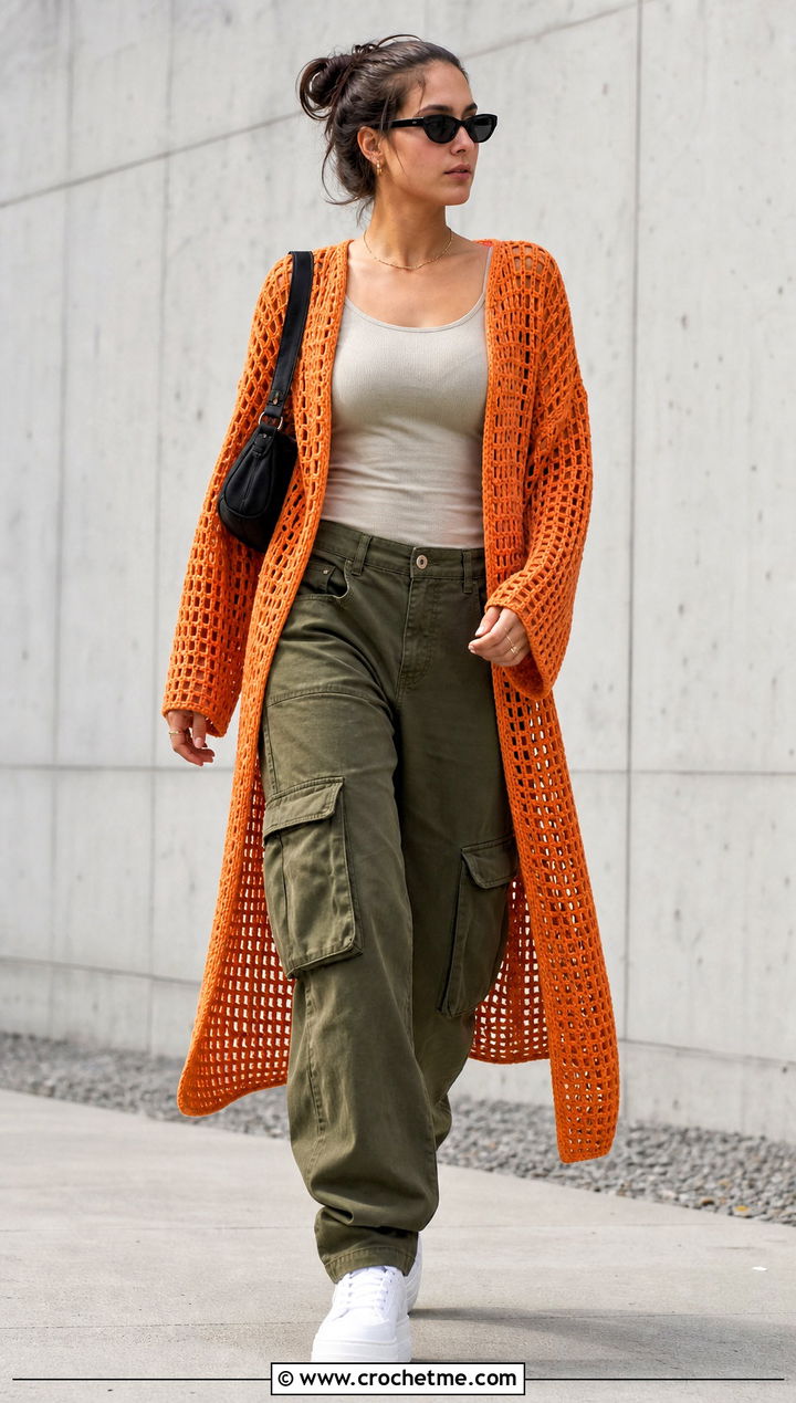 Mesh Rectangle Crochet Cardigan With Cargo Pants - 20 Crochet Cardigan From Rectangle outfit ideas