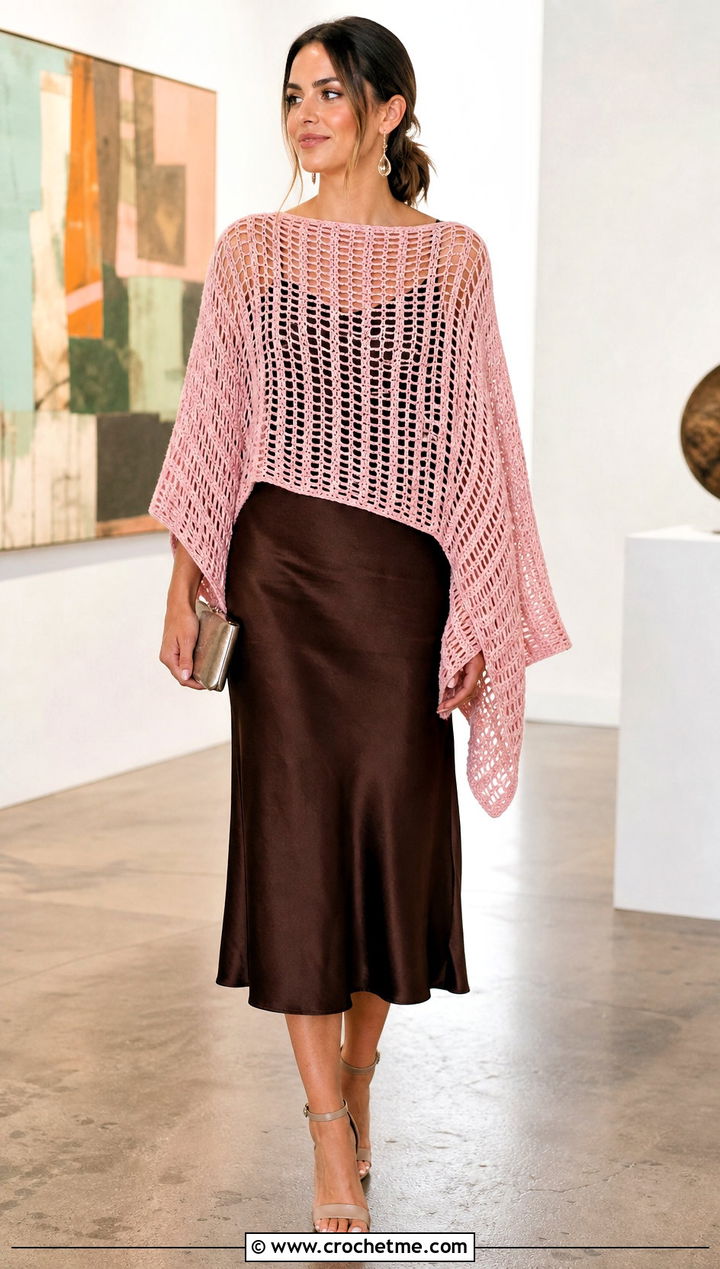 Mesh Rectangle Crochet Poncho With Slip Dress - 15 Easy Crochet Poncho From A Rectangle outfit ideas