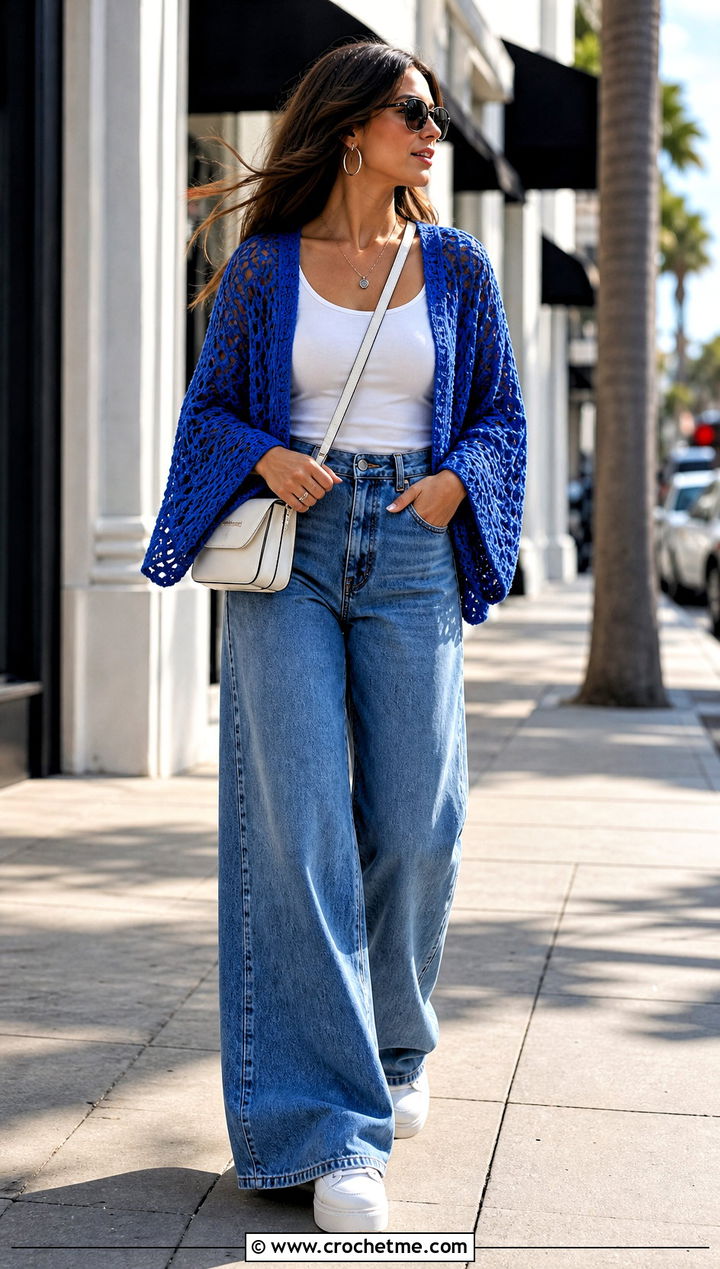 Mesh Rectangle Crochet Shrug With Wide Leg Jeans - 20 Rectangle Crochet Shrug outfit ideas