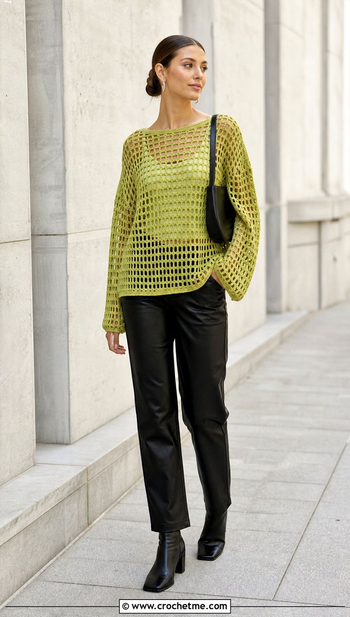 Mesh Rectangle Sweater With Leather Pants - 15 Crochet Sweater From Rectangle outfit ideas
