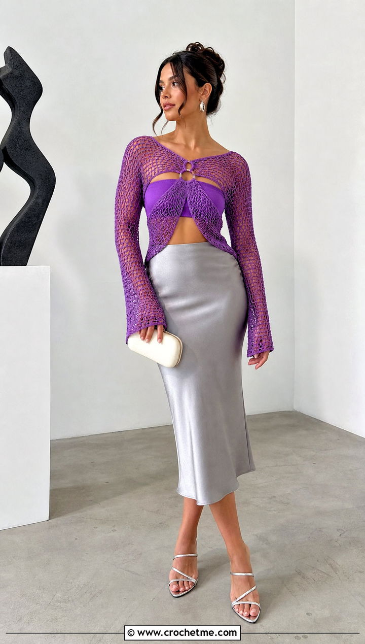 Mesh Ring Front Crochet Top With Satin Midi Skirt - 25 Crochet Top With Ring In The Middle outfit ideas