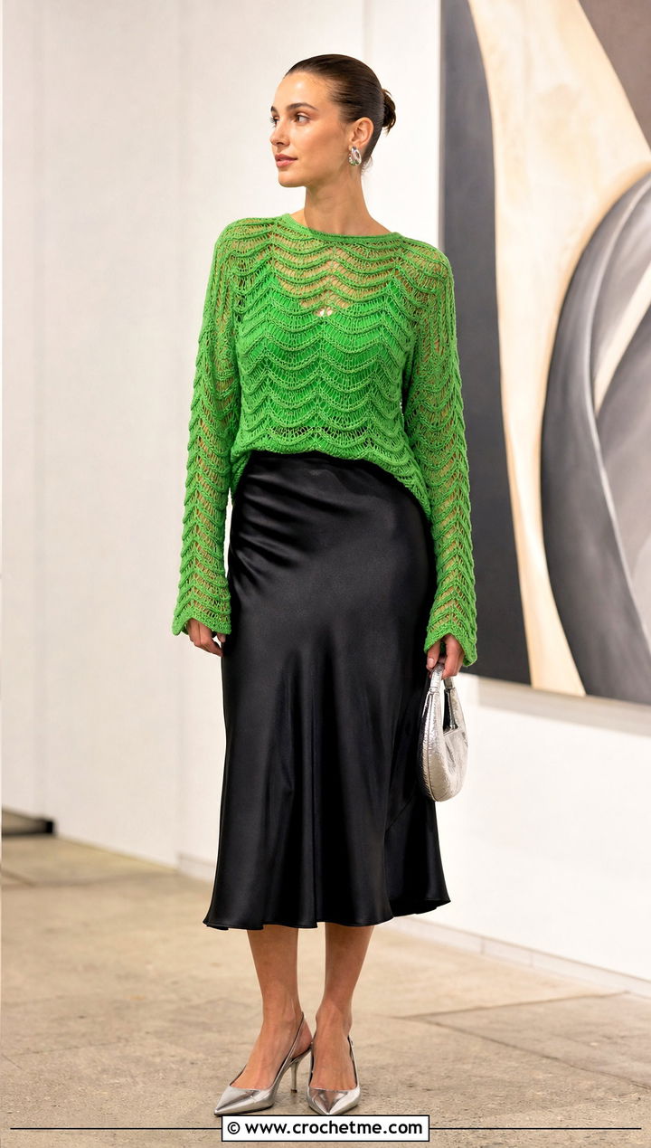 Mesh Ripple Sweater With Satin Midi Skirt - 30 crochet ripple sweater outfit ideas