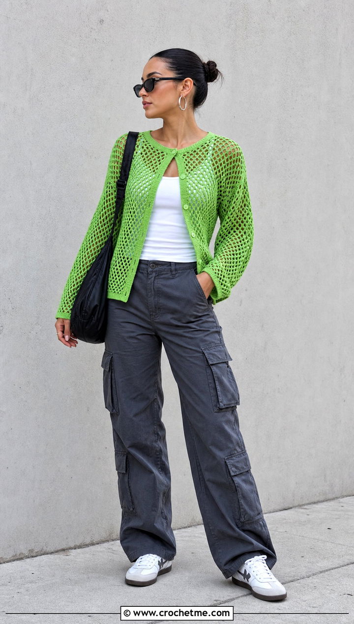 Mesh Round Crochet Cardigan With Cargo Pants - 35 round crochet cardigan outfit ideas