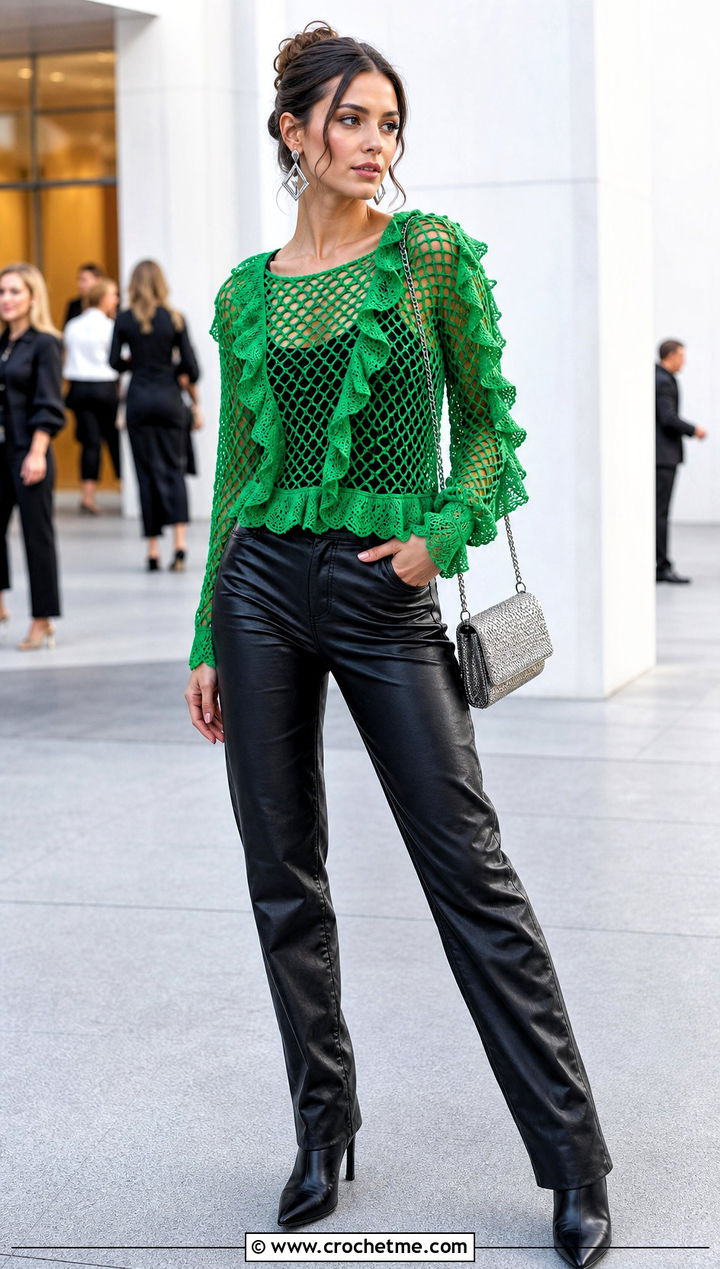 Mesh Ruffle Crochet Top With Leather Pants - 35 crochet top with ruffles outfit ideas