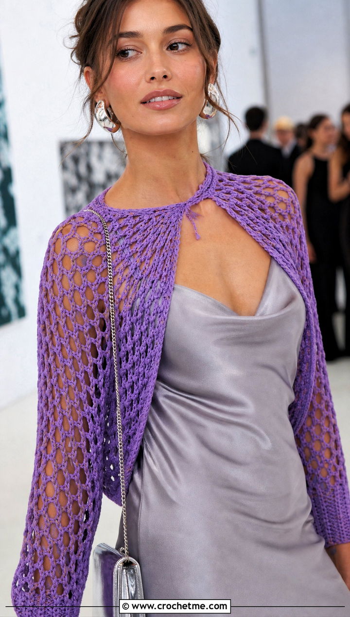 Mesh Scarf Shrug With Satin Slip Dress - 20 crochet scarf with arms outfit ideas