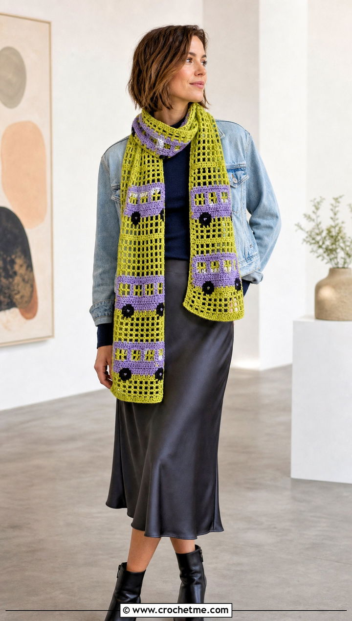 Mesh School Bus Scarf With Satin Midi Skirt - 25 Crochet School Bus Scarf outfit ideas