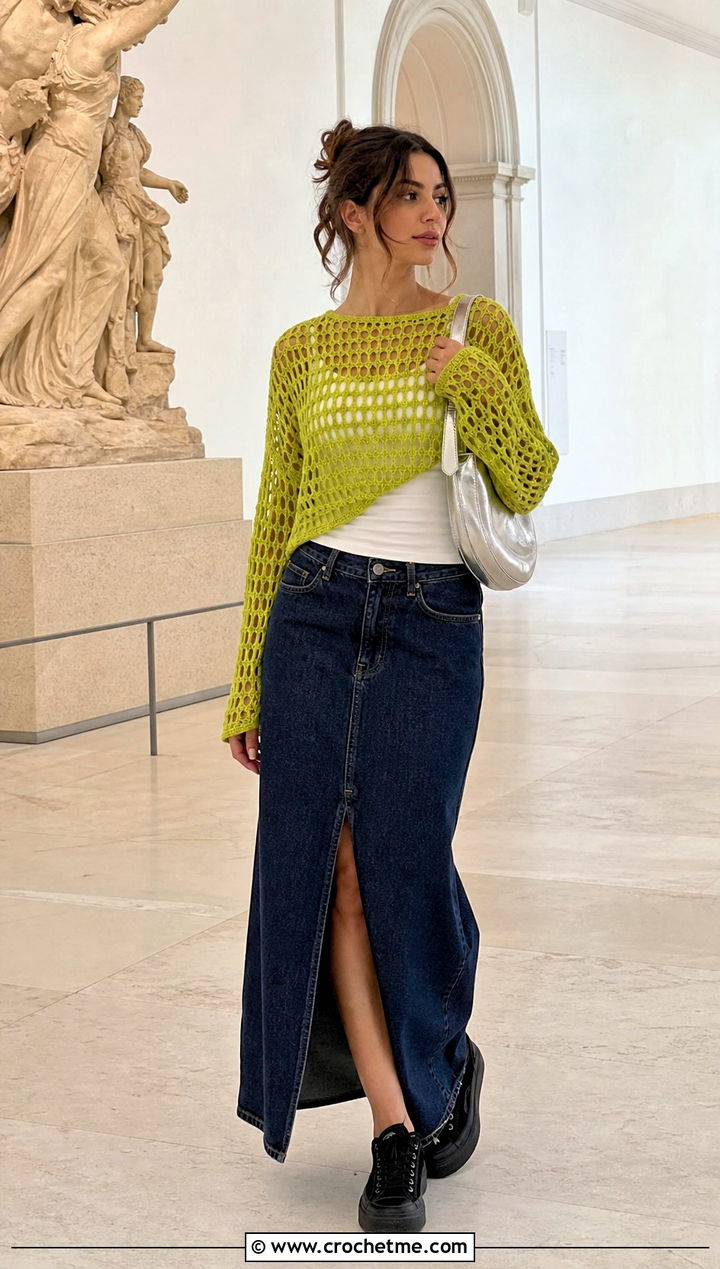 Mesh Seamless Crochet Sweater With Denim Maxi Skirt - 25 Seamless Crochet Sweater outfit ideas