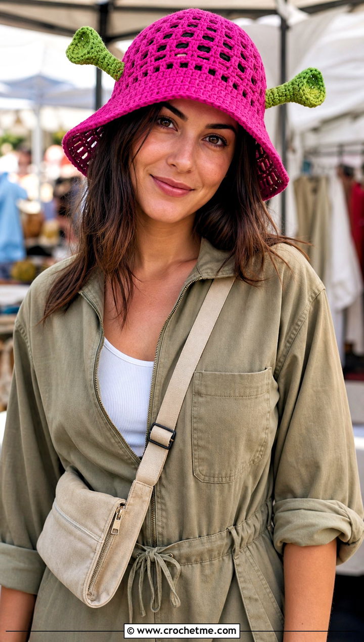 Mesh Shrek Crochet Bucket Hat With Utility Jumpsuit - 25 shrek crochet bucket hat outfit ideas