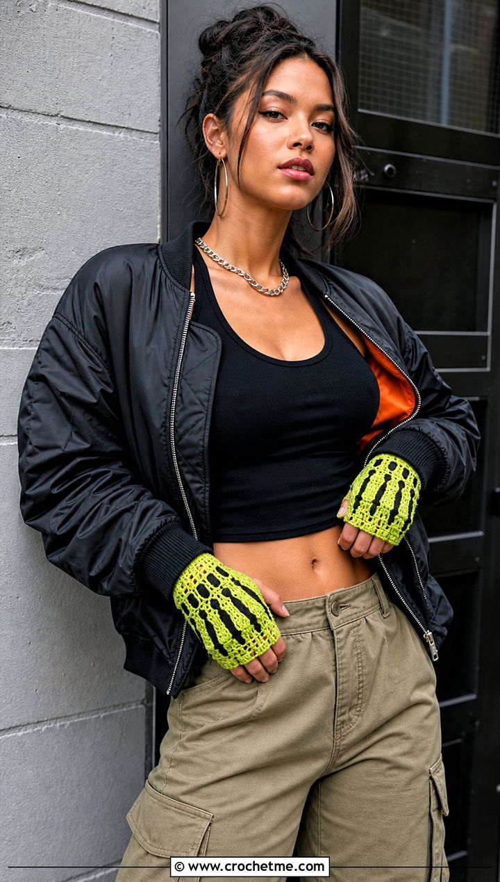 Mesh Skeleton Crochet Fingerless Gloves With Cargo Pants - 15 Skeleton Crochet Fingerless Gloves outfit ideas