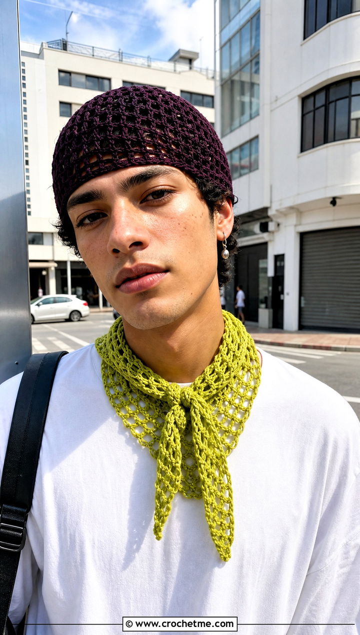 Mesh Skull Cap And Triangle Scarf With Summer Streetwear - 15 Mens Crochet Hat And Scarf outfit ideas