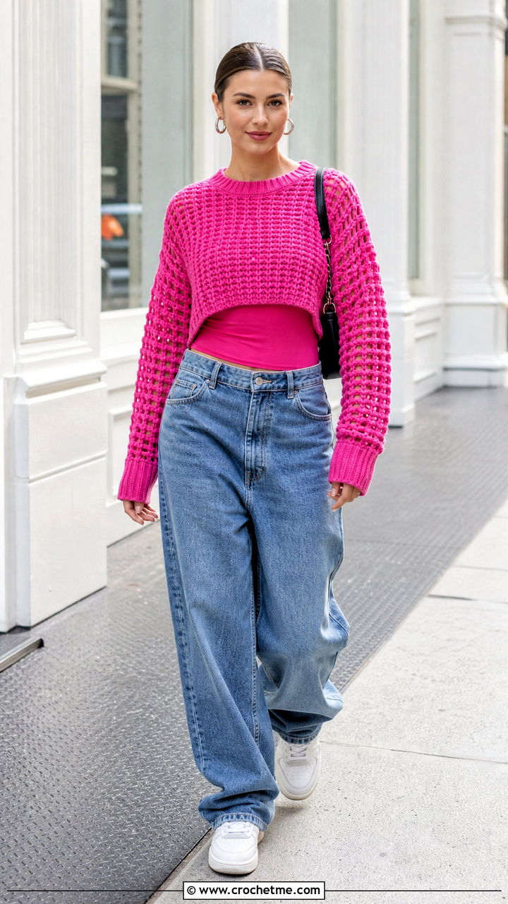 Mesh Sleeve Crochet Chunky Sweater With Baggy Jeans - 35 crochet chunky sweater outfit ideas