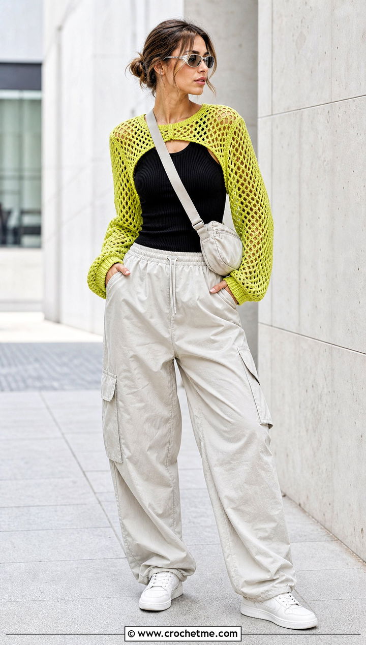 Mesh Sleeve Crochet Shrug With Cargo Pants - 35 crocheted shrug outfit ideas