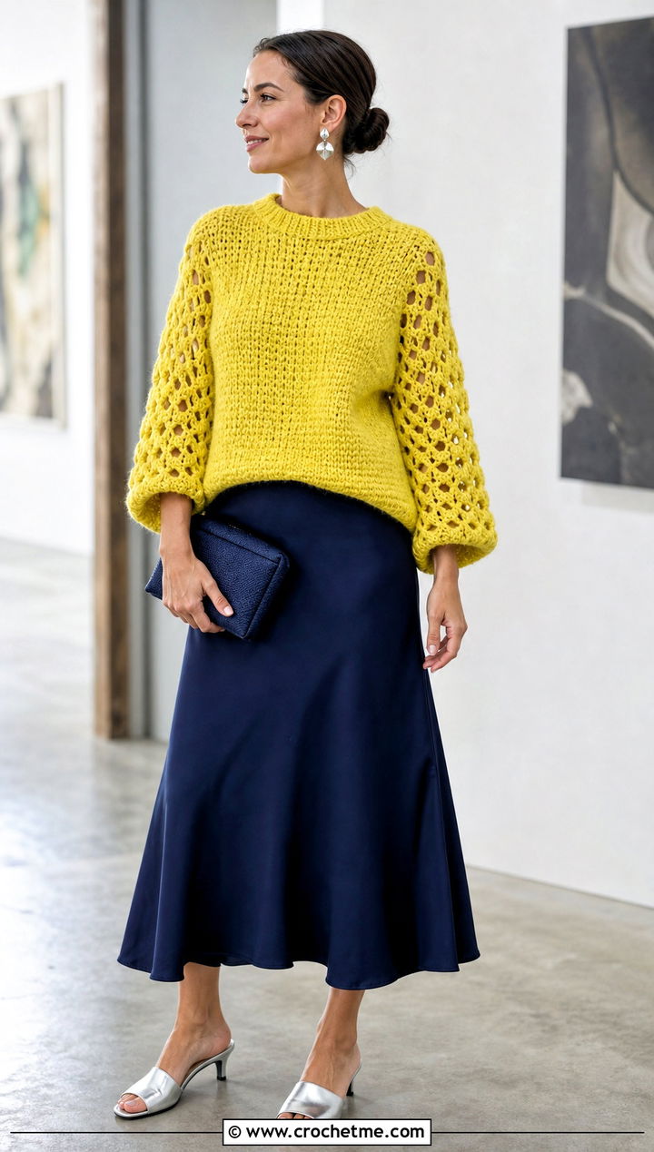 Mesh Sleeve Crochet Sweater With Bias Cut Skirt - 30 bulky yarn crochet sweater outfit ideas